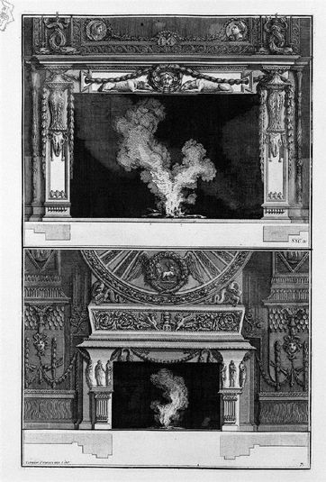 Two fireplaces overlapping: the support with a mask wreathed crouched between two greyhounds