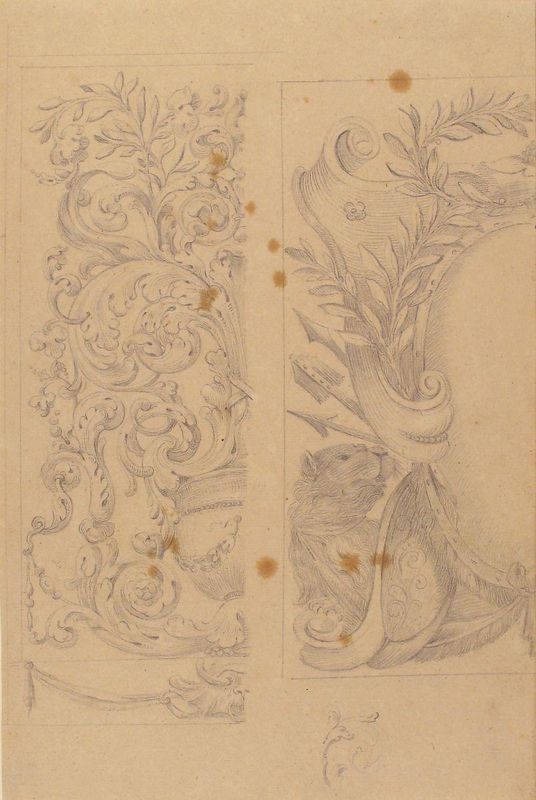Left Part of the Drawing: Floral Ornaments; Right Part of the Drawing: Half Cartouche Decorated with Leaves, Arms and a Lion