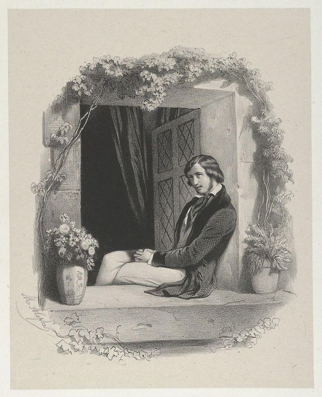Melancholy, young man with folded hands sitting on window sill