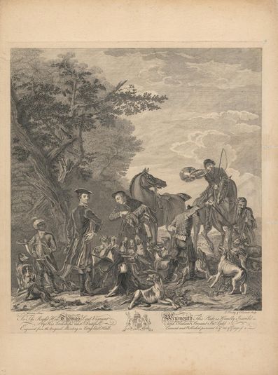 A set of seven, untitled, each dedicated: To the Right Hon'ble. Thomas Lord Viscount Weymouth...from the Original Painting in Long Leat Hall. [The kill: two riders dismounted, one holding fox above clamouring hounds; the huntsman blowing his horn...]