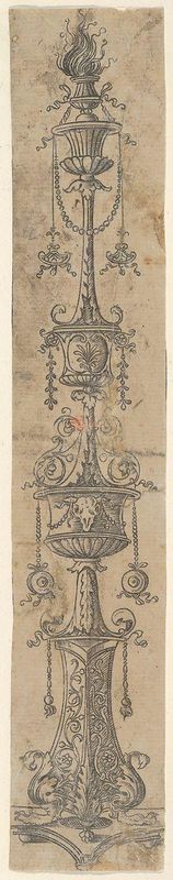 Decorative border panel with flaming candelabra ornamented with foliate designs, swags, and a cow's skull, from Life of the Virgin and Christ
