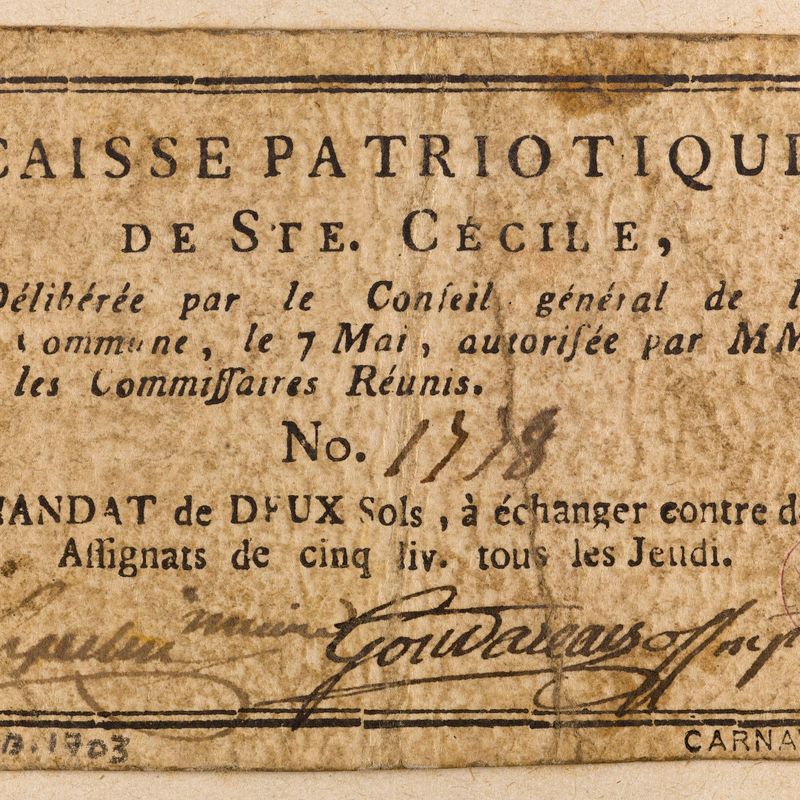 Mandat de 2 sols, caisse patriotique de Sainte-Cécile, n° 1778, 7 mai