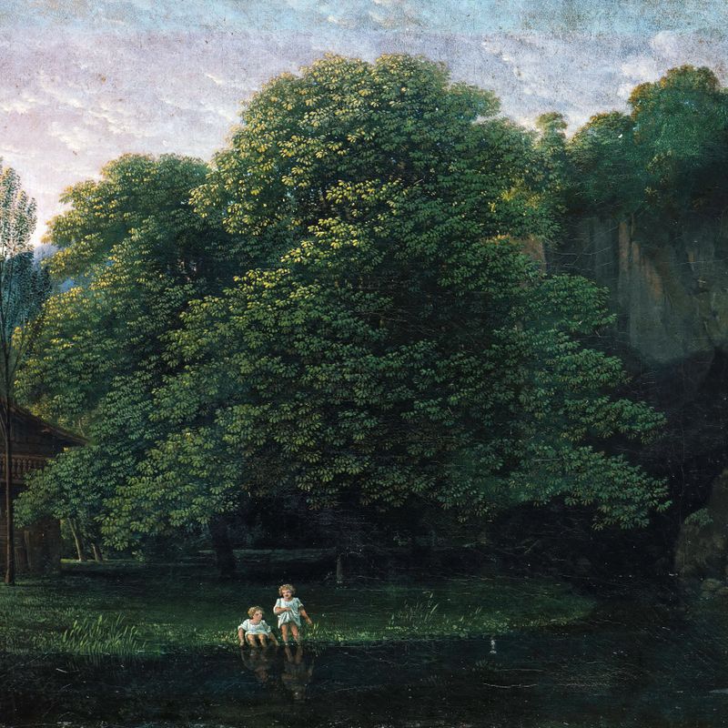 Landscape with two bathing children