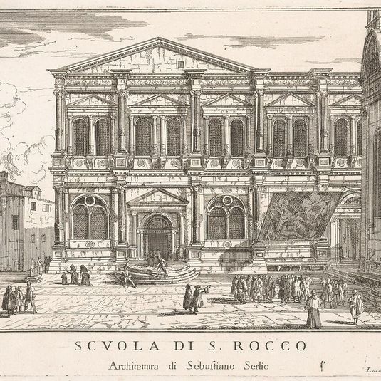 Plate 37: Side view of the school of St. Roch at left and view of facade of the church of St. Roch, Venice, 1703 from the series 'The buildings and views of Venice' (Le fabriche e vedute di Venezia)