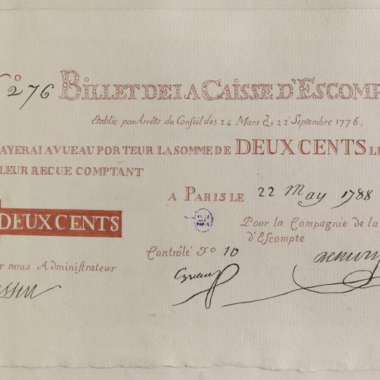 Billet de 200 livres, Caisse d'escompte, n° 276, contrôlé F° 10, 22 mai 1788