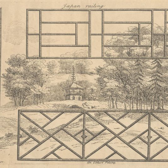 Architectural Designs incorporating Chinoiserie motifs: Japan Railing. A Hatch. An Obtuce Paling. Parallelgram Railing..