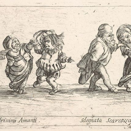 Callot figures; an old dwarf woman dancing with a young dwarf man to left, an old dwarf man touching the shoulder of a young, smiling dwarf woman, from 'Six grotesques' (Six pièces de figures grotesques)