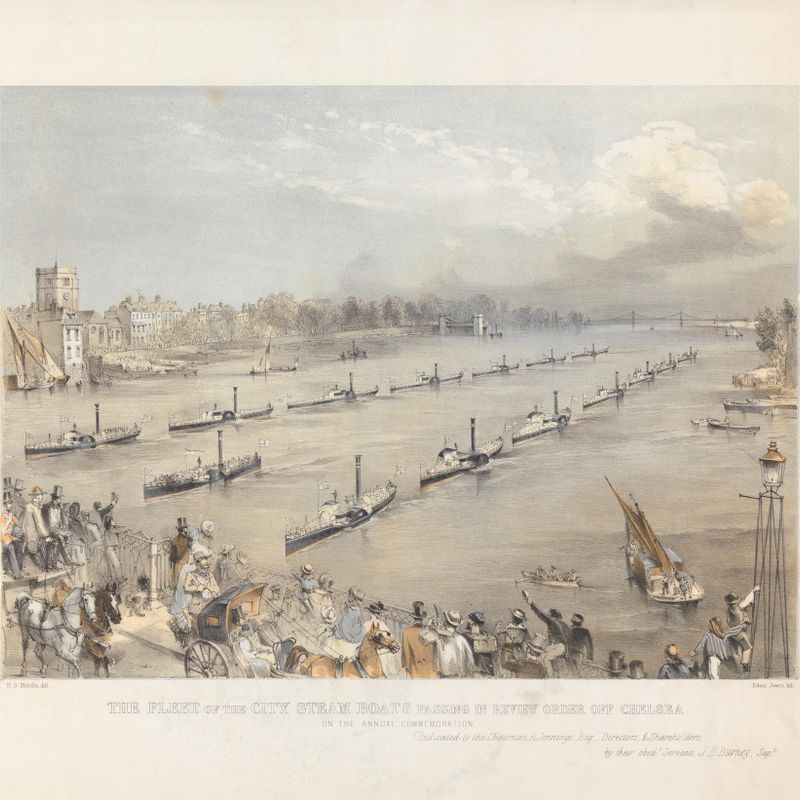 The Fleet of the City Steam Boats Passing in Review Order off Chalsea on the London Annual Commemoration