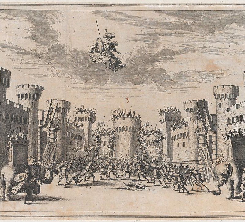 A city under siege with elephants and soldiers throughout; Mars looking down from above; set design from 'Il Pomo D'Oro'