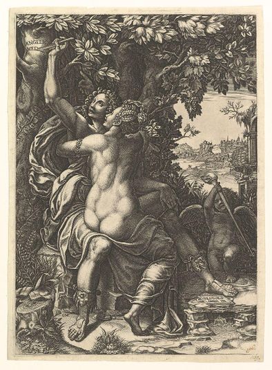 Angelica and Medoro; the couple embracing, Medoro carving their names in the bark of a tree; Cupid holding a torch in the background
