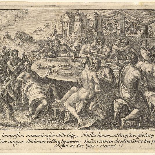 Mankind surrendering to lechery before the Flood: embracing couples on benches around a table with food and drink, from a series of engravings made for the first edition of the 'Liber Genesis'