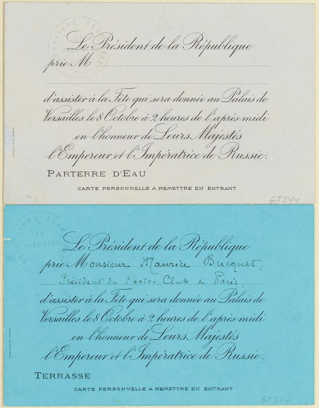 Carton d'invitation nominatif pour assister à la fête organisée au Palais de Versailles le 8 octobre 1896 en l'honneur de la venue des souverains russes.