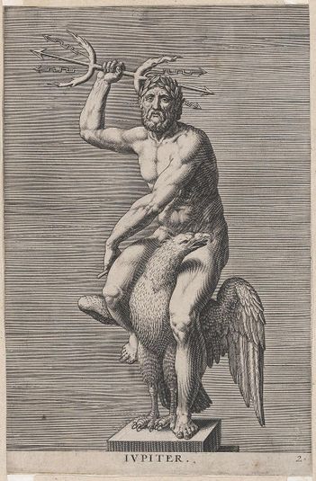 Plate 2: Jupiter; statue of the nude god seated on an eagle, holding a double trident; from 'Statues of Roman Gods' after Jacques Jonghelinck