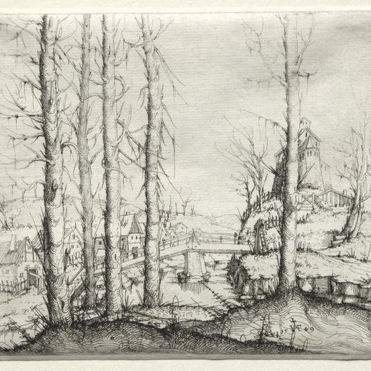 River Landscape with Five Bare Spruce Trees in the Foreground