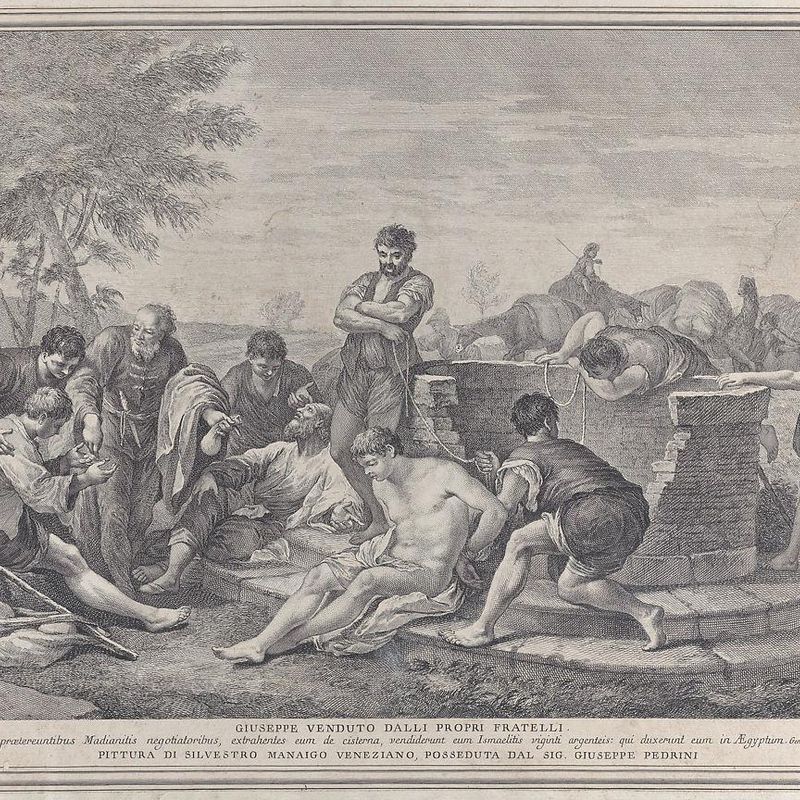 Joseph being sold into slavery by his brothers, who sit around a well dividing up the coins