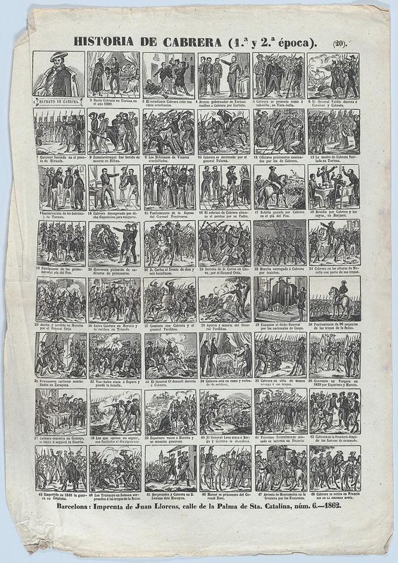 Broadside with 48 scenes relating to the life of the Carlist General of Spain, Ramon Cabrera y Griñó