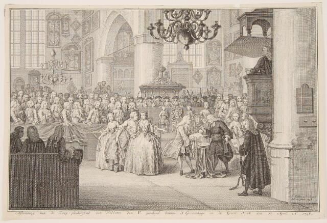 'Afbeelding van de Doop-plegtigheid van WIllem den V. geschied binnen 's Gravenhage in de Groote Kerk den 11 April Ao. 1748.'