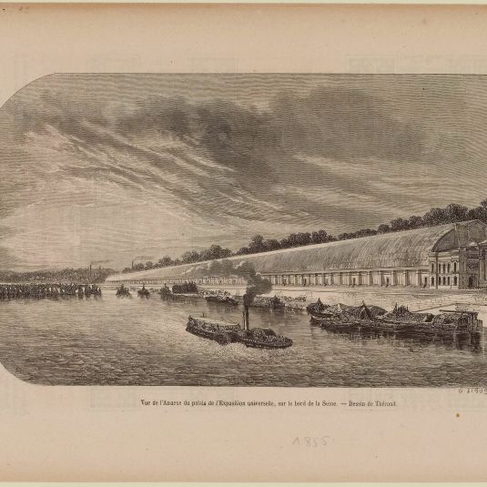 Vue de l'Annexe du palais de l'Exposition universelle, sur le bord de la Seine. - Dessin de Thérond.