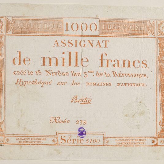 Assignat de 1000 francs, série 5100 - n° 238, 18 nivôse an 3