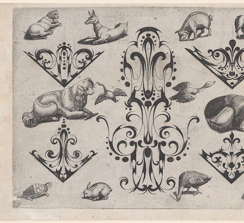 Blackwork Designs with Various Mammals and Birds, Plate 5 from a Series of Blackwork Ornaments combined with Figures, Birds, Animals and Flowers