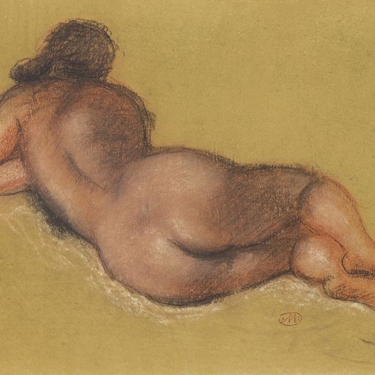 Jeune femme nue vue de dos, couchée et accoudée [Reclining Nude Resting on Her Elbow, Back View]