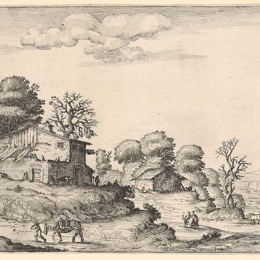 Landscape with peasant dwellings and a man leading a horse in the left foreground, from a series of landscapes dedicated to the Grand Duke of Tuscany
