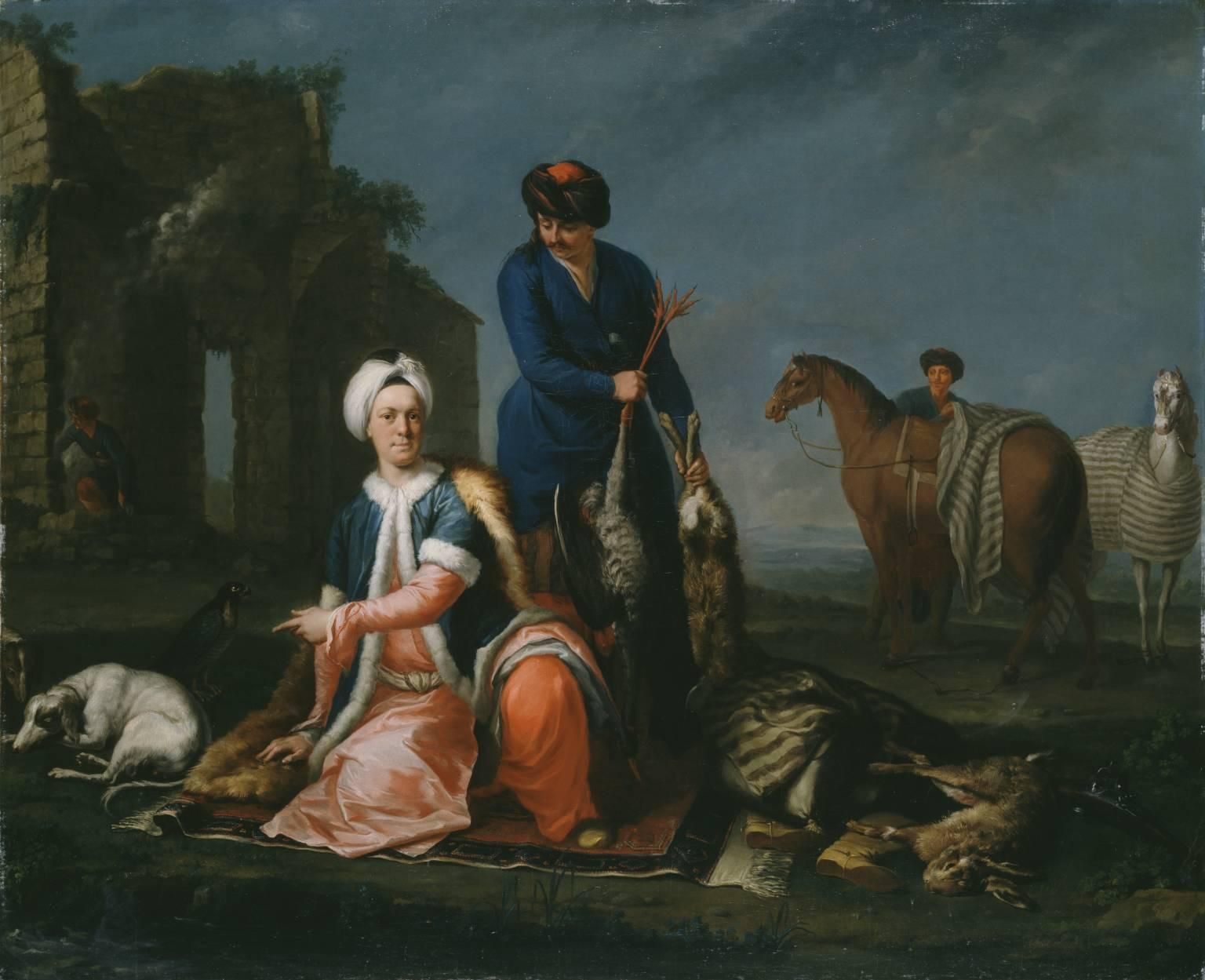 Portrait of Henry Lannoy Hunter in Oriental Dress, Resting from Hunting, with a Manservant Holding Game