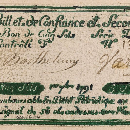 Billet de confiance et de secours de 5 sols, caisse de confiance du 695 rue Saint-Honoré, série D, n° 13-I, 1er 7bre 1791