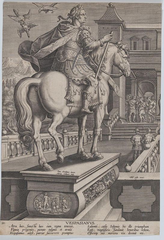 Plate 10: equestrian statue of Vespasian, seen from behind, three birds at upper right with one attacking another, from 'Roman Emperors on Horseback'