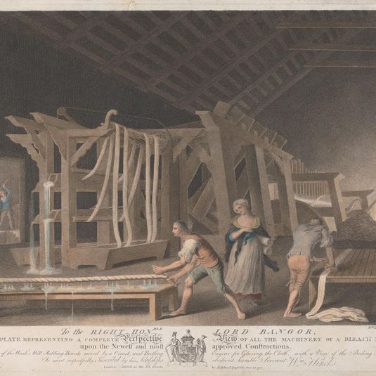 Plate IX: Perspective View of all the Machinery of a Bleach Mill, upon the Newest and Most approved Constructions, Consisting of the Wash Mill, Rubbing Boards moved by a Crank, and Beetling Engine for Glazing the Cloth, with a View of the Boiling House