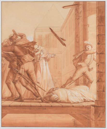 Scene 28: The Blessed Abbot having retired to the Château de Montaigu, soldiers of the league arrive to capture him as he leaves. A piece of wood falls from on high and scatters the soldiers and wounds the Holy Abbot, whom they leave for dead; he is miraculously cured and escapes