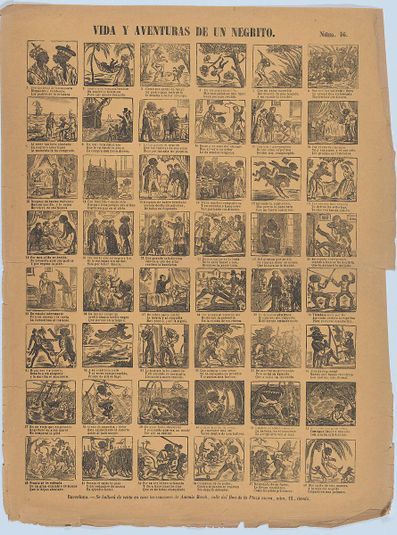 Broadside with 48 scenes relating to the life and adventures of a black man (negrito)