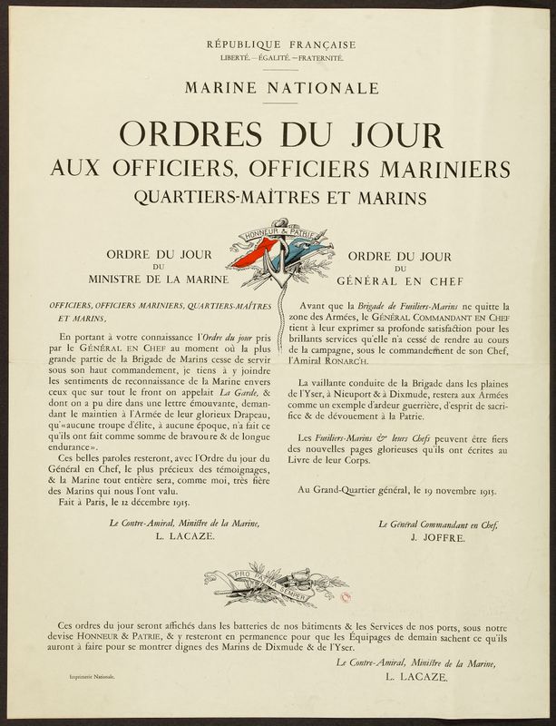 REPUBLIQUE FRANCAISE/ LIBERTE - EGALITE - FRATERNITE/ MARINE NATIONALE/ ORDRES DU JOUR/ AUX OFFICIERS, OFFICIERS MARINIERS/ QUARTIERS-MAITRES ET MARINS
