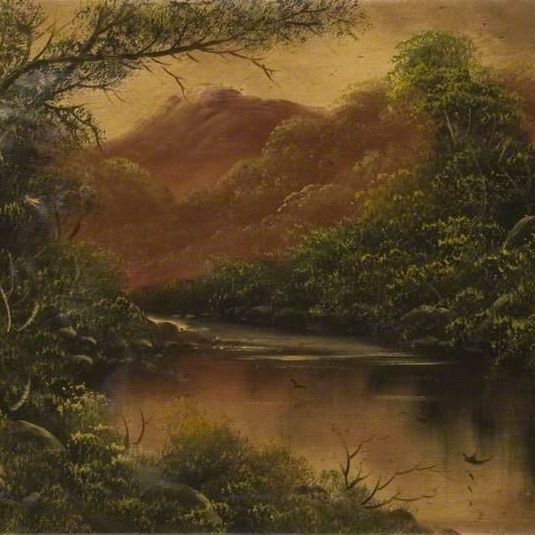 River Scene with Trees and Mountains