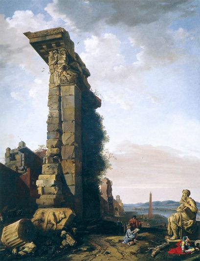 Vue idéalisée avec ruines romaines, sculptures et un port