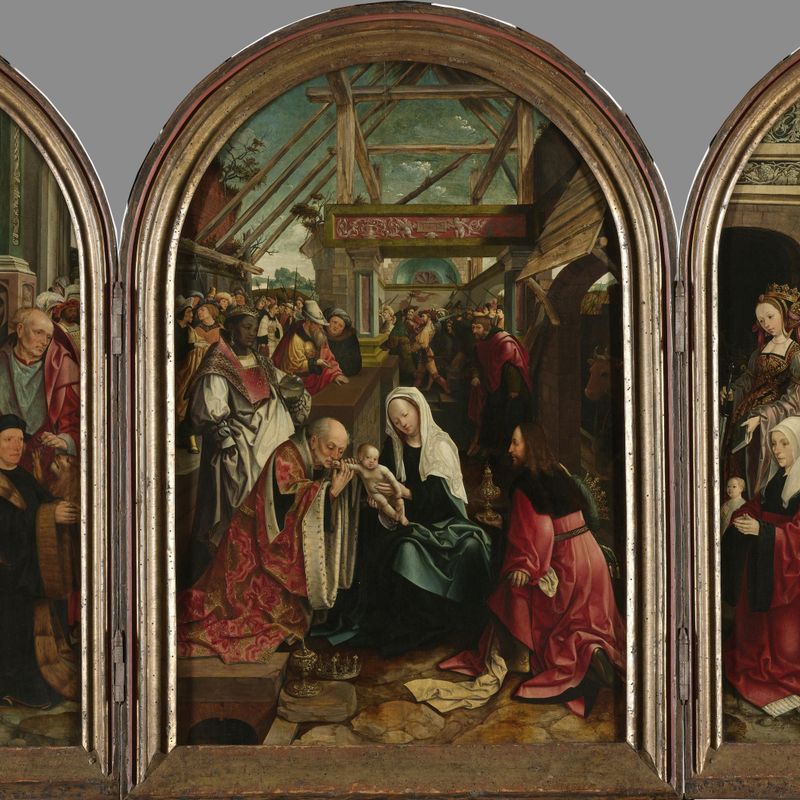 Triptych with the Adoration of the Magi (centre panel), the Donor and his Six Sons with St Jerome (inner left wing), the Donor’s Wife and her Seven Daughters with St Catherine of Alexandria (inner right wing), St Christopher (outer left wing) and St Antony Abbot (outer right wing)