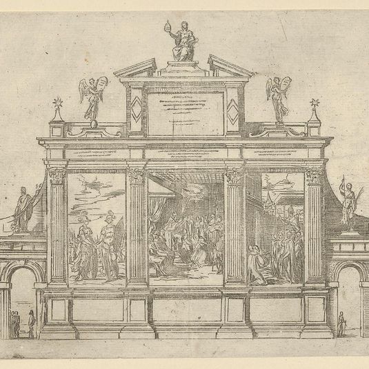 Facade of a triumphal monument with three scenes depicting deeds of Pope Clement VIII, a temporary decoration for the entry of Pope Clement VIII in Bologna in 1598