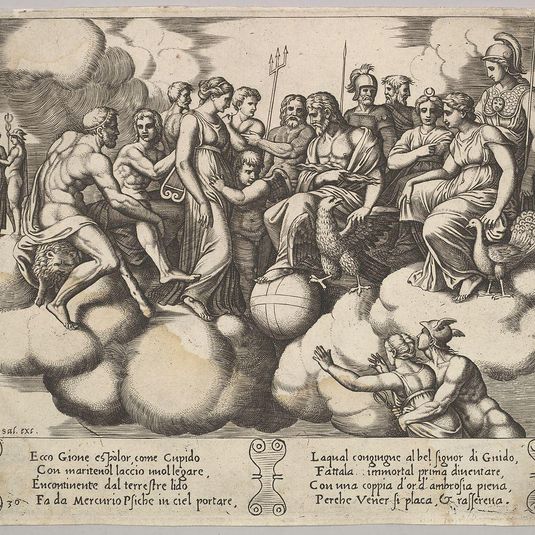 Plate 30: Venus and Cupid pleading their case in the presence of Jupiter and other Gods, from 'The Fable of Psyche'