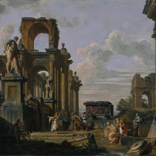 An Architectural Capriccio Of The Roman Forum With Philosophers And Soldiers Among Ancient Ruins, Including The Arch Of Janus Quadrifrons, The Sarcophagus Of Santa Constanza, The Farnese Hercules And The Cincinnatus