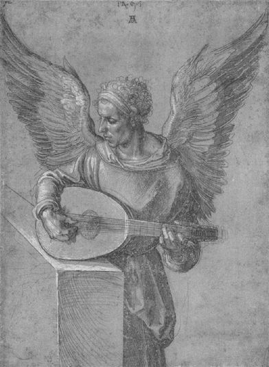 Winged Man In Idealistic Clothing, playing a Lute