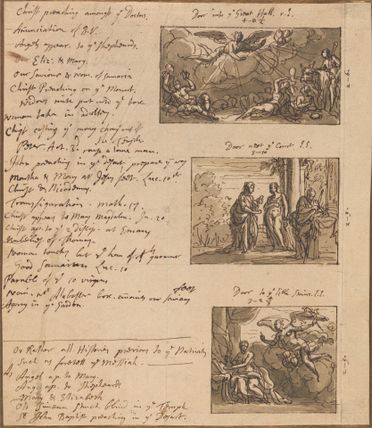 The Angel appearing to the shepherds, the visitation, and the annunciation: a sheet of notes for a proposed decorative scheme with 3 sketches of paintings for overdoors