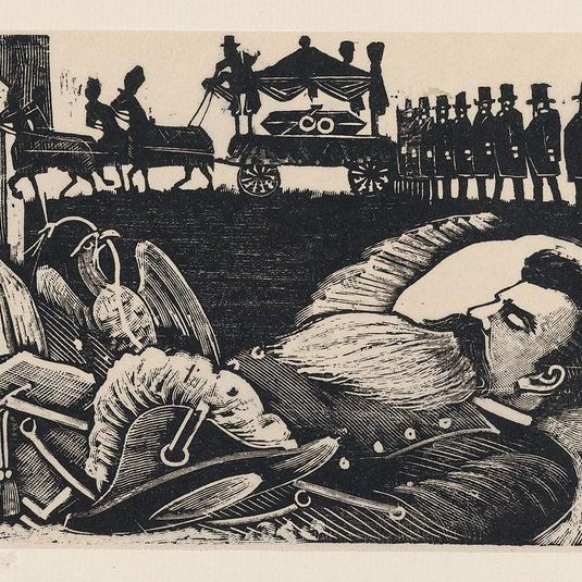 A man lying on his deathbed with a funeral cortege in the background, from a broadside entitled 'Arrival at the capital of the body of General Manuel Gonzalez'