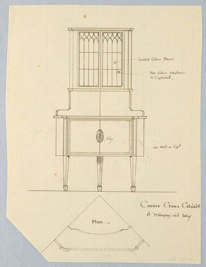 Design for Corner Cabinet in Mahogany and Inlay, Plan and Elevation