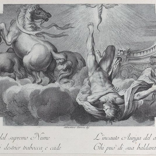 Plate 34: Auriga, the charioteer, falls from the chariot at center, with three horses at left