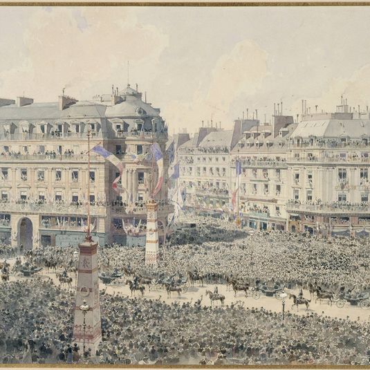 Départ du cercle militaire après le Gala de l'Opéra; Place de l'Opéra à l’angle de la rue de la Paix et de l’avenue de l’Opéra, lors des fêtes Franco-Russes en 1893
