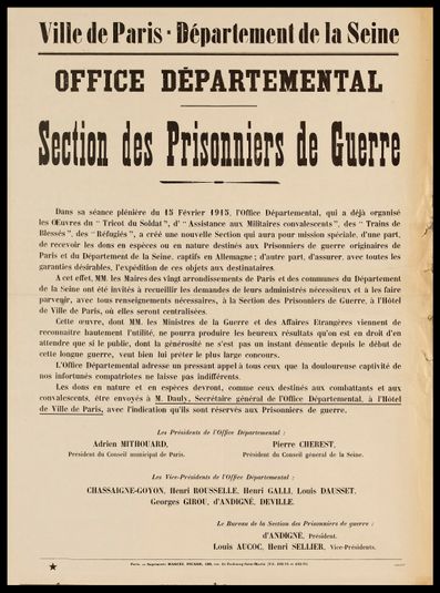 Ville de Paris - Département de la Seine/ OFFICE DEPARTEMENTAL/ Section des Prisonniers de Guerre