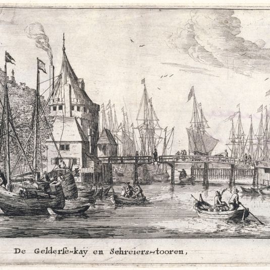 Divers bateaux et vues d'Amsterdam n°8 : De Gelderse-kaÿ en Schreiers-tooren (Hollstein 48)
