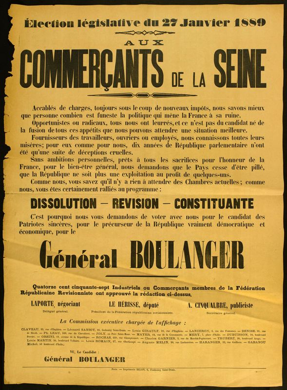 Election législative du 27 Janvier 1889/ AUX/ COMMERCANTS DE LA SEINE