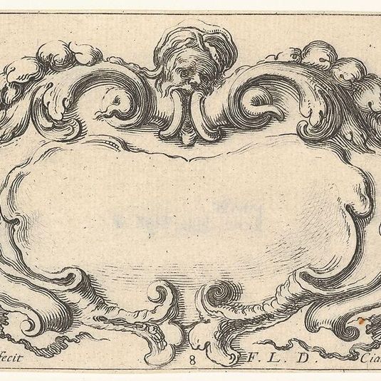 Plate 8: a cartouche with the head of an old man at top center, scrollwork to either side, from 'Twelve cartouches' (Recueil de douze cartouches)