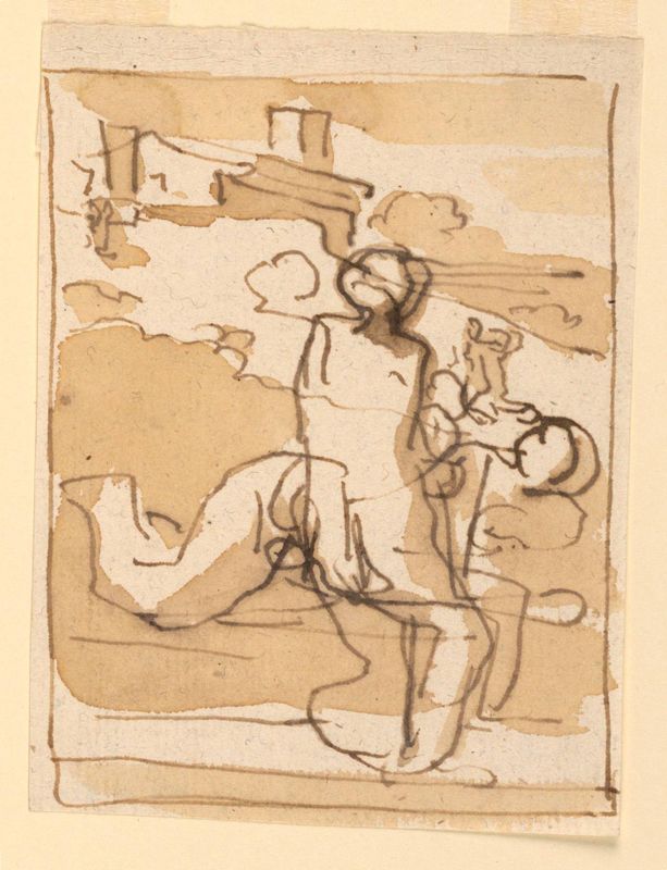 Sketch, Two Figures in Landscape with Architecture in Background